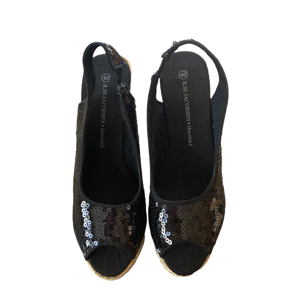 Ilse Jacobsen Size 40US Size 9.5-10 Black Danish Made Sequined Espadrille Wedges